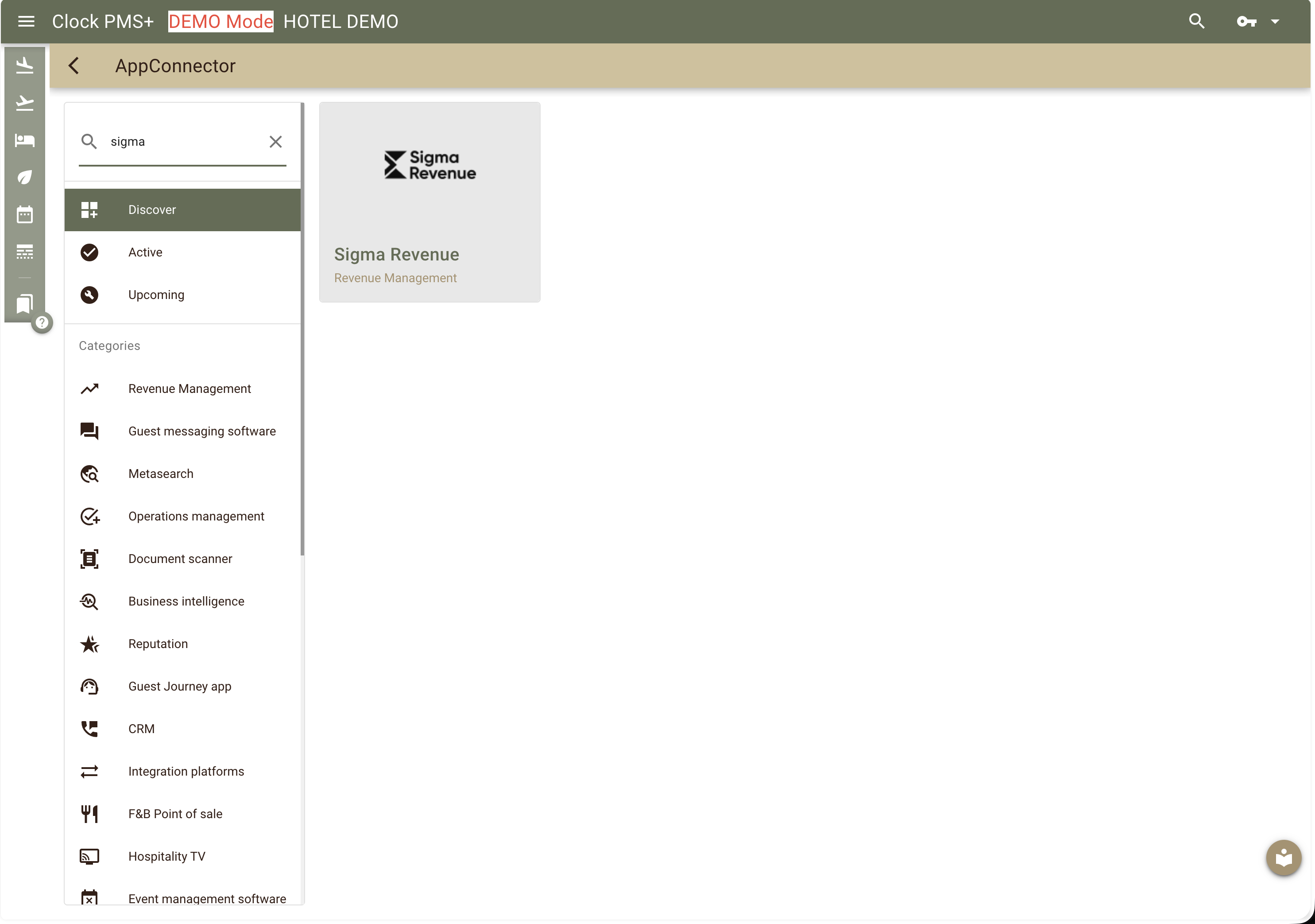 Clock PMS+ AppConnector page with Sigma Revenue listed